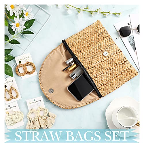 Saintrygo Women's Straw Clutch Purse and 4 Pairs Rattan Earrings Summer Beach Clutch Purse Handbag Straw Envelope Bag Wallet Woven Bag Geometric Tassel Woven Bohemian Earrings