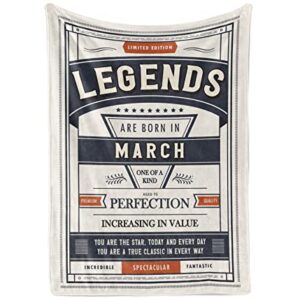 InnoBeta Birthday Gifts for Men, Novelty Personalized Men Birthday Gift Ideas Legends are Born in March - Gifts for Him, Dad, Husband, Brother - Flannel Throw Blanket, White & Blue, 50"x 65"