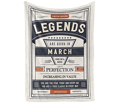 InnoBeta Birthday Gifts for Men, Novelty Personalized Men Birthday Gift Ideas Legends are Born in March - Gifts for Him, Dad, Husband, Brother - Flannel Throw Blanket, White & Blue, 50"x 65"