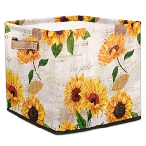 auuxva vintage sunflower storage basket for closet, yellow floral leaves storage bins with handles, foldable storage cube boxes for toys shelves pantry nursery organizing