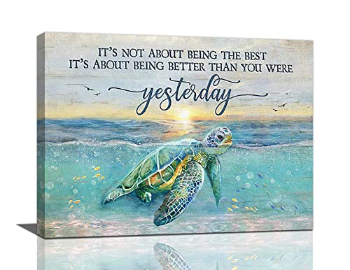 Sea Turtle Decor Wall Art Beach Ocean Decor Sea Turtle Pictures Canvas Prints Coastal Turquoise Turtle Bathroom Wall Decor Inspirational Quote Painting Modern Artwork Home Decor for Bathroom 16"x12"