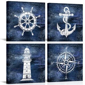 lovehouse rustic nautical wall art boat anchor paintings helm drawing compass print lighthouse home decor pictures navy blue artwork for bathroom living room ready to hang 12×12 inchx4 piece