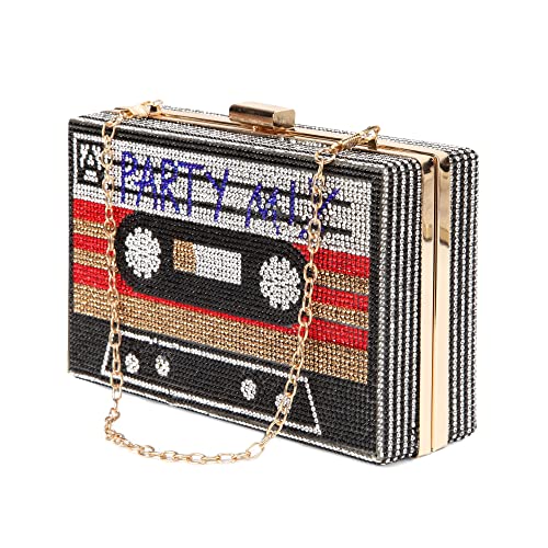 Renabro Women Retro Radio Shape Crossbody Bag Rhinestone Metal Vintage Evening Clutch Purses (red party)