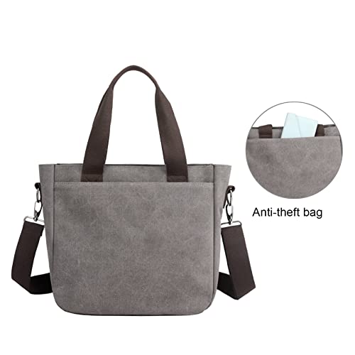 ZHIERNA Canvas Tote Purse for Women, Vintage Crossbody Shoulder Bags Small Handbag, Multi-pocket Top Handle Work Bag(Grey)