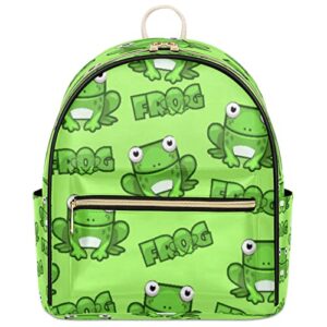 green frog mini backpack purse for women, cartoon frog leather small backpack casual travel daypacks shoulder bag for girls teen
