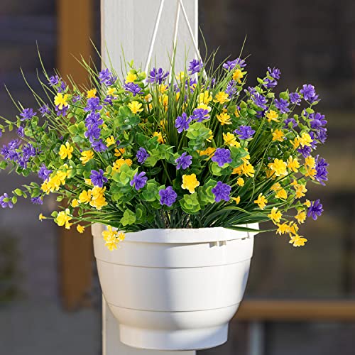 Colovis 9pcs Artificial Flowers Outdoor UV Resistant Fake Plants Greenery Shrubs Faux Plastic Flower in Bulk for Indoor Outside Hanging Planter Porch Cemetery Pots Decoration (Yellow, Purple, Green)