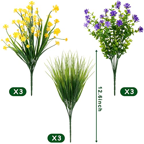 Colovis 9pcs Artificial Flowers Outdoor UV Resistant Fake Plants Greenery Shrubs Faux Plastic Flower in Bulk for Indoor Outside Hanging Planter Porch Cemetery Pots Decoration (Yellow, Purple, Green)