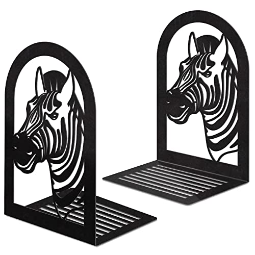 Book Ends Decorative for Heavy Books, Large Heavy Duty Zebra Bookends for Shelves for Holding Books/Movies/CDs/Video Games, Black Non-Skid Book Stopper for Office Home Kitchen(1 Pair)