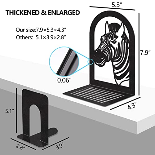 Book Ends Decorative for Heavy Books, Large Heavy Duty Zebra Bookends for Shelves for Holding Books/Movies/CDs/Video Games, Black Non-Skid Book Stopper for Office Home Kitchen(1 Pair)