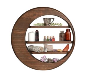 hijnx moon premium round wall shelf for crystals display – essentials storage shelf – solid wood craftsmanship wall art – crescent moon shelf – beautiful & decorative for your beloved ones., brown