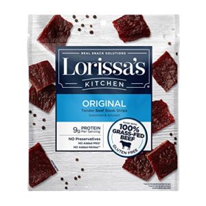 lorissa’s kitchen premium grass-fed steak strips, original, 2.25 oz. 1 count – no added msg or nitrites, keto friendly snacks & gluten free, more tender than traditional beef jerky