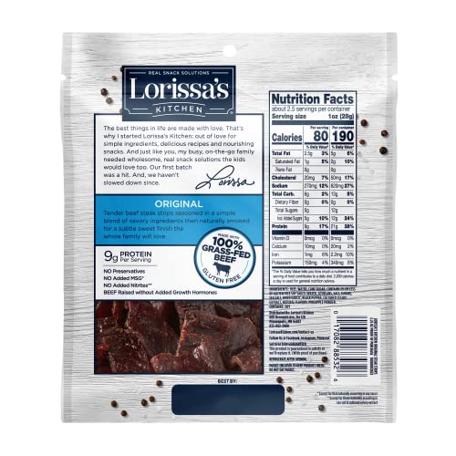 Lorissa's Kitchen Premium Grass-Fed Steak Strips, Original, 2.25 Oz. 1 Count - No Added MSG or Nitrites, Keto Friendly Snacks & Gluten Free, More Tender Than Traditional Beef Jerky