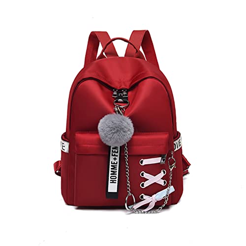 FENGJINRUHUA Mini Fashion Casual Ladies Bowknot Backpack Wallet Lightweight Travel School Shoulder Bag with Pompon (Red)