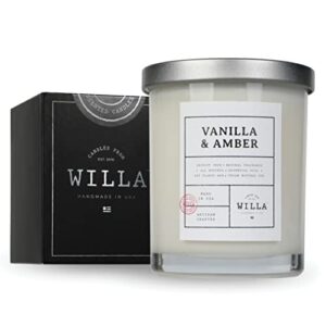 willa vanilla & amber highly scented candle – all natural soy wax luxury candles made in the usa with essential oils – best for a home / aromatherapy / gift / spa / bathroom 9oz jar candle