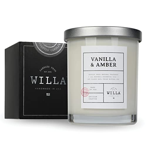 Willa Vanilla & Amber Highly Scented Candle - All Natural Soy Wax Luxury Candles Made in The USA with Essential Oils - Best for a Home / Aromatherapy / Gift / Spa / Bathroom 9oz Jar Candle