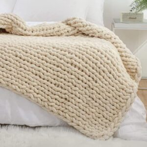 yaapsu chunky knit blanket throw 51×63, chenille throw blankets, chunky knitted throw blanket for couch & bed, soft large knit throw blankets chunky yarn, big thick cable knit crochet blankets (beige)