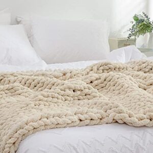 YAAPSU Chunky Knit Blanket Throw 51x63, Chenille Throw Blankets, Chunky Knitted Throw Blanket for Couch & Bed, Soft Large Knit Throw Blankets Chunky Yarn, Big Thick Cable Knit Crochet Blankets (Beige)