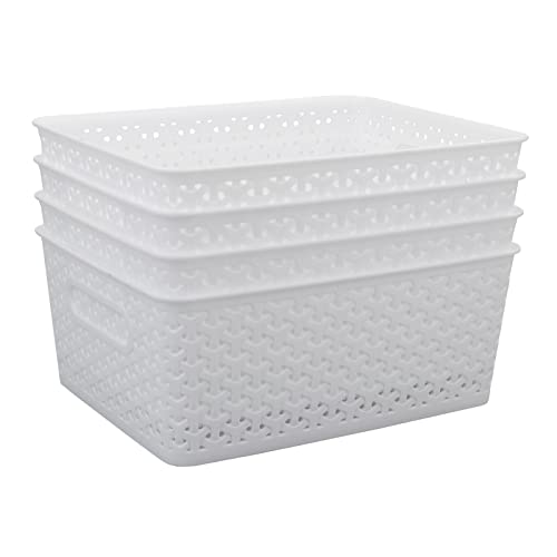 Idomy Woven Plastic Basket, Plastic Storage Baskets, White, 11.41" x 8.9" x 4.6", Pack of 4, F