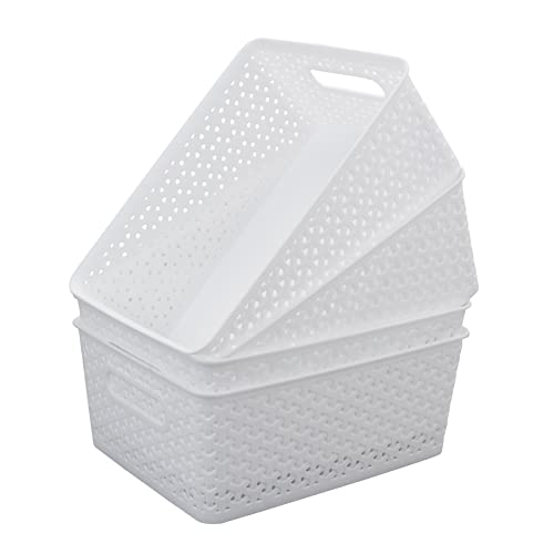 Idomy Woven Plastic Basket, Plastic Storage Baskets, White, 11.41" x 8.9" x 4.6", Pack of 4, F