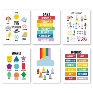 YIMEHDAN Colorful Rainbow Educational Quote Wall Art Print-- Classroom or Kids Playroom Decor -- Color Weather Number Months Days Shapes Themed Canvas Print ( Set of 6 )--Unframed--8X10 inch