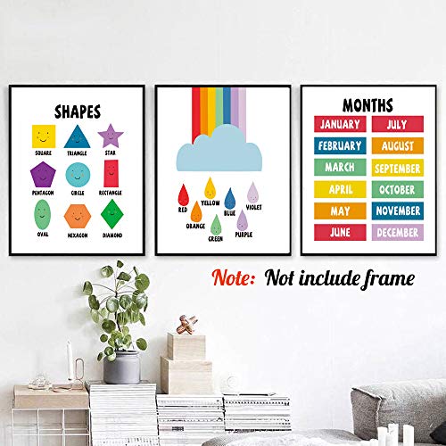 YIMEHDAN Colorful Rainbow Educational Quote Wall Art Print-- Classroom or Kids Playroom Decor -- Color Weather Number Months Days Shapes Themed Canvas Print ( Set of 6 )--Unframed--8X10 inch