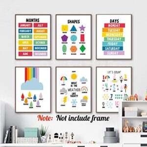 YIMEHDAN Colorful Rainbow Educational Quote Wall Art Print-- Classroom or Kids Playroom Decor -- Color Weather Number Months Days Shapes Themed Canvas Print ( Set of 6 )--Unframed--8X10 inch