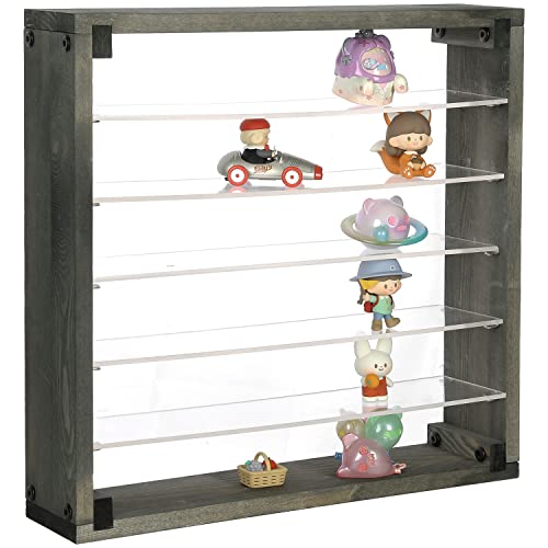 MyGift Wall Mounted Storage Rack, Vintage Gray Solid Wood and Clear Acrylic Floating Collectibles Display Shelf