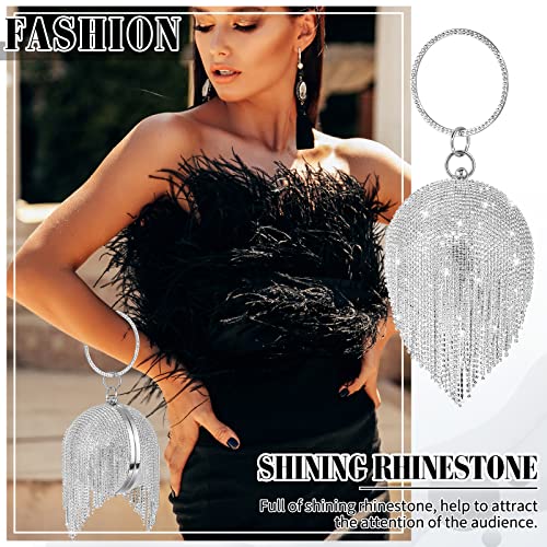Women Crystal Tassel Clutch Purse Rhinestone Evening Hand Bags with Long Chain for Wedding Engagement Party（Silver）