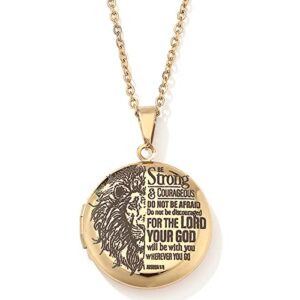 uthosmdo be strong lion bible cover – joshua 1:9, that can holds pictures, engraved english bible lords necklace (gold)