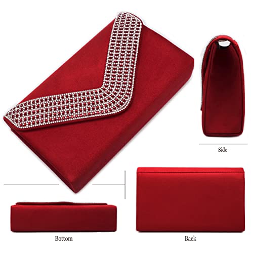 Lefrcry Women Satin Evening Bags Ladies Party Handbag for Wedding Party Handbag Rhinestone Clutch Purses RED