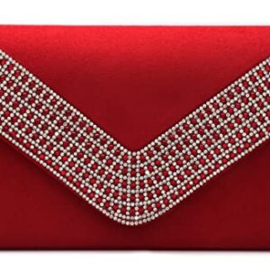 Lefrcry Women Satin Evening Bags Ladies Party Handbag for Wedding Party Handbag Rhinestone Clutch Purses RED