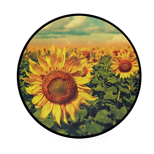 Round Area Rug Non-Slip Carpet Sunflower Blooming Golden Circle Rugs 3 Feet Rugs Floor Mats Soft Carpet Machine Washable Floor Mat for Living Room Bedroom Nursery Room Home Decor