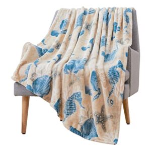 Decorative Ocean Life Coastal Throw Blanket: Soft Plush Velvet Fleece Calming Hues of Blues Beige Tan, Accent for Sofa Couch Chair Bed or Dorm (Ocean Life)