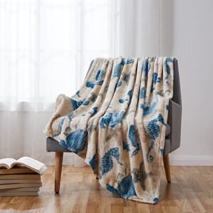 Decorative Ocean Life Coastal Throw Blanket: Soft Plush Velvet Fleece Calming Hues of Blues Beige Tan, Accent for Sofa Couch Chair Bed or Dorm (Ocean Life)