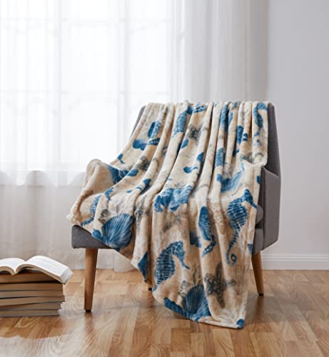 Decorative Ocean Life Coastal Throw Blanket: Soft Plush Velvet Fleece Calming Hues of Blues Beige Tan, Accent for Sofa Couch Chair Bed or Dorm (Ocean Life)