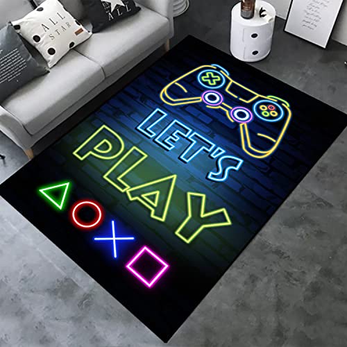 Large Video Gaming Area Rug for Kid's Bedroom, Gamer Carpet for Teen Boys Playroom, Gamer Room Decor Indoor Polyester Area Rugs Yoga Mat with Anti-Slip Rubber Back, Washable Living Room Sofa Floor Mat