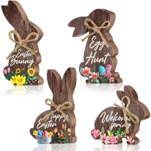 4 pieces easter bunny wood decor easter natural wood signs bunnies shape signs easter tabletop decor rustic wood centerpieces for farmhouse kitchen dining room (retro style)