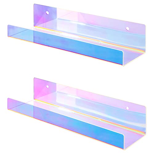 lamplig 2 Pcs Iridescent Shelves, 15'' Wall Mounted Kids Bookshelf, Acrylic Bookshelf for Toys, Rainbow Acrylic Floating Shelves Display Book Shelves for Kids Room Home Decor Ideal