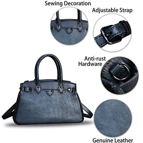 Genuine Leather Top Handle Handbag Purse for Women Handmade Retro Crossbody Satchel Purses (Grey)