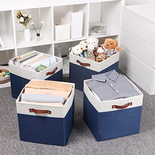 Temary Fabric Storage Bins for Cube Organizer 4 Pack Cube Storage Bins 13 Storage Cubes for Shelves Storage Baskets for Organizing Toys, Books, Clothes, Towels (White & Blue)