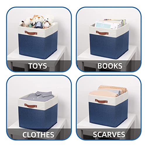 Temary Fabric Storage Bins for Cube Organizer 4 Pack Cube Storage Bins 13 Storage Cubes for Shelves Storage Baskets for Organizing Toys, Books, Clothes, Towels (White & Blue)