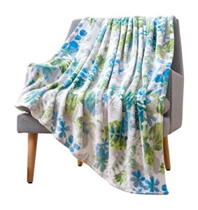 watercolor tropical palm and flowers throw blankets: soft plush floral accent for sofa couch chair bed or dorm, blue green gray (paradise)