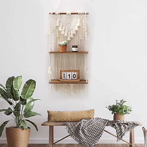 2 Tier Macrame Boho Wall Hanging Shelf, Handmade Bohemian Wooden Woven Plants Floating Shelves Decor, Decorative Chic Rope Crystal Holder Organizer for Bathroom Bedroom Kitchen Home Nursery Storage