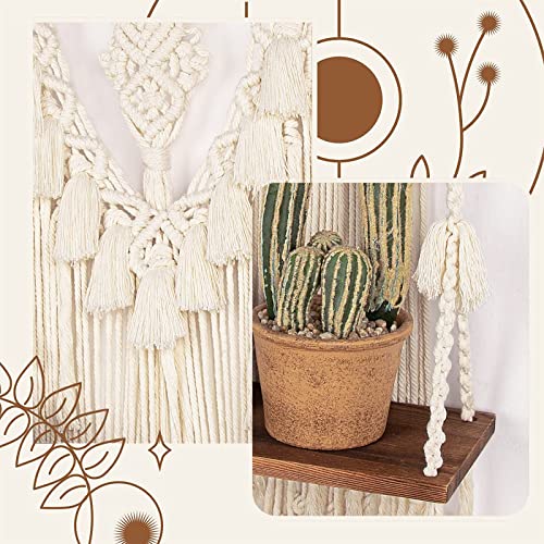 2 Tier Macrame Boho Wall Hanging Shelf, Handmade Bohemian Wooden Woven Plants Floating Shelves Decor, Decorative Chic Rope Crystal Holder Organizer for Bathroom Bedroom Kitchen Home Nursery Storage