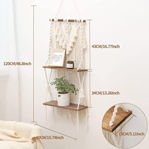 2 Tier Macrame Boho Wall Hanging Shelf, Handmade Bohemian Wooden Woven Plants Floating Shelves Decor, Decorative Chic Rope Crystal Holder Organizer for Bathroom Bedroom Kitchen Home Nursery Storage