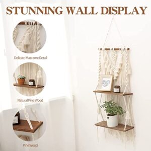 2 Tier Macrame Boho Wall Hanging Shelf, Handmade Bohemian Wooden Woven Plants Floating Shelves Decor, Decorative Chic Rope Crystal Holder Organizer for Bathroom Bedroom Kitchen Home Nursery Storage