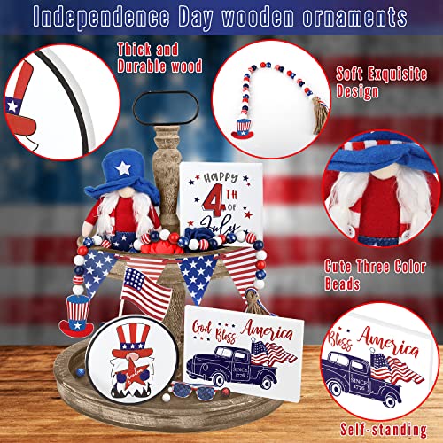 Patriotic Decorations, 5Pcs 4th of July Tiered Tray Decor, Farmhouse 3 Independence Day Decor Wood Signs, Gnome Plush and Bead Garland, Truck Full of Memorial Day Decor for Home Table Kitchen Office