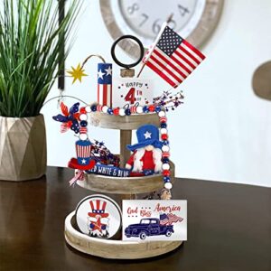 Patriotic Decorations, 5Pcs 4th of July Tiered Tray Decor, Farmhouse 3 Independence Day Decor Wood Signs, Gnome Plush and Bead Garland, Truck Full of Memorial Day Decor for Home Table Kitchen Office