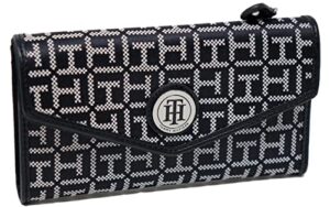 tommy hilfiger women’s monogram logo jacquard checkbook wallet clutch bag – black / white