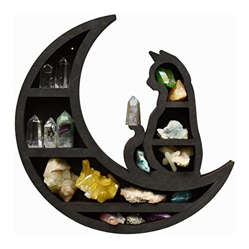 Garhelper Cat in The Moon Crystal Wooden Shelf,Wall Mounted Crystal Display Shelf Storage Rack, Cut Engraved Moon Black Cat Wall Shelf Organizer Decor for Essential Oil Small Plant Living Room Bedroom